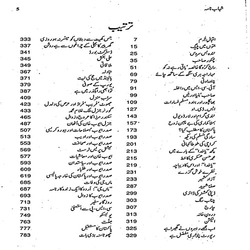 Shahab Nama By Qudratullah Shahab  table of content